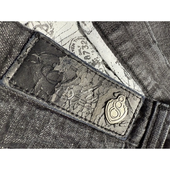 Eight 732 Denim Shorts Mens 38 Embroidered Wide Leg Y2k Baggy Black/Gray - Picture 7 of 12